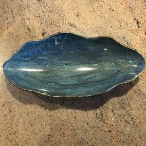 Pottery object d’art oblong blue decorative bowl abstract wavy edges